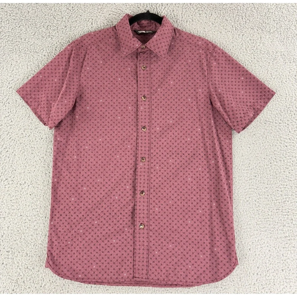 The North Face Button Down Shirt Mens Medium Maroon Geometric Print Short Sleeve